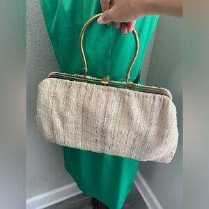 Vintage Tweed Gold Framed Top Handle Tan/Creams Handbag